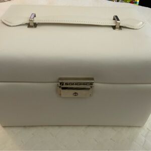 SONGMICS White Jewelry Organizer Box w/ Mirror Travel Case W Lock Teal Interior